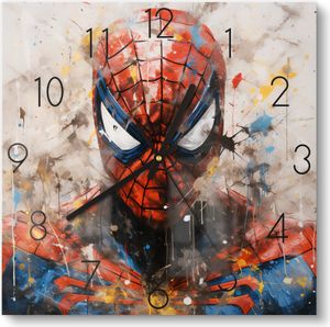 DEQOART Glasuhr 30x30 cm Zahlen 'Spider-Man im Farbrausch' Wanduhr Glas Uhr Design leise Küchenuhr