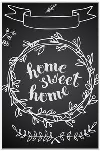 Wallario Wandbild Home sweet Home  Weiß auf Schwarz, Größe: 61 x 91,50 cm, Poster mit weißem Aluminiumrahmen