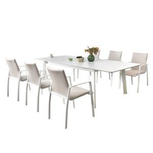 Gartenstühle VERANO 6er Set 57x89x62 cm weiß/beige, Aluminium und Textilene, stapelbar, strapazierfähig, Outdoor-Möbel, Balkonmöbel, Terrassenmöbel