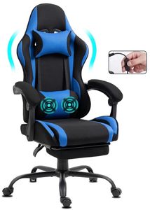 GEMANI Stoff Bürostuhl Gaming Stuhl  Gaming Sessel Ergonomischer mit Fußstütze Kopfstütze Massage-Lendenkissen Gaming Chair Drehsessel 02-0040 Blau
