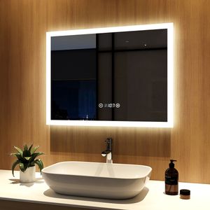 Meykoers LED Badspiegel 80x60cm Badspiegel mit Beleuchtung 3 Lichtfarbe 3000-6500K Lichtspiegel Badezimmerspiegel Wandspiegel mit Touchschalter, Beschlagfrei und Uhr IP44 energiesparend
