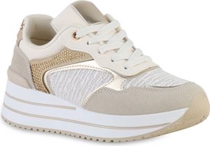 VAN HILL Dámské boty na platformě s krajkou a třpytkami Strass Metallic 841563, Barva: Beige Metallic, Velikost: 38