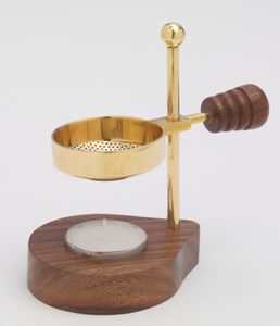 Räucherstövchen mit Holzgriff und Holzbasis höhenverstellbar mit Teelicht aus Messing Gold (Höhe 12 cm) und Teelicht