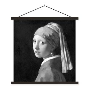 MuchoWow® Textilposter Das Mädchen mit dem Perlenohrring - Gemälde von Johannes Vermeer - schwarz und weiß 120x120 cm mit schwarzem Rahmen - Aufhängungsset