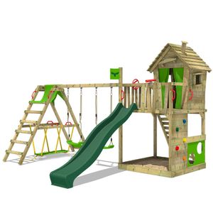 FATMOOSE Spielturm Klettergerüst HappyHome mit Schaukel SurfSwing & Rutsche, Spielhaus mit Sandkasten, Leiter & Spiel-Zubehör - grün