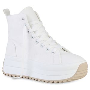VAN HILL Damen Plateau Sneaker Schnürer Profil-Sohle Stoff Schuhe 841134, Farbe: Weiß, Größe: 40