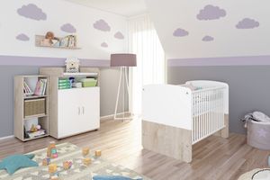 nonjoo - Baby Zimmer Lani Set 2: best. aus Babybett, Kommode, Wickelaufsatz, Wandboard und Regal mit 3 Fächern