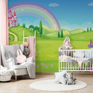 Muralo XXL Selbstklebende FOTOTAPETE Maerchenschloss Bunte Regenbogenwiese (B) 360 cm x (H) 240 cm Tapete Wandtapete KINDERZIMMER SPIELZIMMER 4855