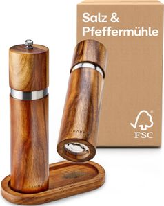 Salz und Pfeffermühle aus Akazienholz mit Untersetzer - NachhaltigesHolz - Langlebiges Keramikmahlwerk - Plastikfrei