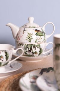 Clayre & Eef Tea for One 460 ml Weiß Grün Porzellan Rund Vögel Teekannen Set Teeset Teekanne mit Teetasse