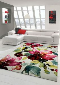 Designer Teppich Moderner Teppich Wohnzimmer Teppich Blumenmotiv Creme Grün Türkis Rosa Pink Größe - 200 x 290 cm