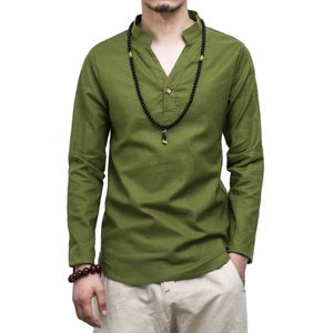 Vintage Männer einfarbig langärmlig V-Ausschnitt Leinen Baumwolle Button Pullover Shirt