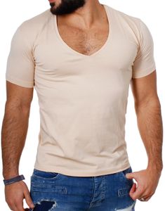 Young & Rich Herren Uni T-Shirt mit extra tiefem V-Ausschnitt slimfit deep V-Neck stretch dehnbar Basic Shirt 1315, Grösse:M, Farbe:Beige