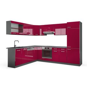 Vicco Eckküche R-Line, 227 x 287 cm ohne Arbeitsplatte, Bordeaux Hochglanz/Anthrazit