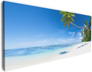 Wallario Premium Leinwandbild Weißer Sandstrand am Meer - Ein Traum unter Palmen in Größe 80 x 200 cm