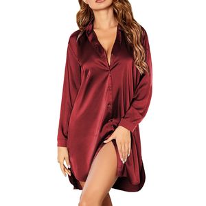 Amorxia Nachthemd Damen Nachtkleid Satin Kurz 3/4 Ärmeln Sleeepshirt mit Tiefer V-Ausschnitt Kurz Sleepwear Negligee Nachtwäsche S-2XL - Rot||XL
