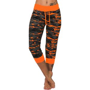 Damen Mittlere Taille Camouflage Yoga Capri Hosen Sport Leggings Hosen Kordelzug,Farbe:Orange,Größe:XL