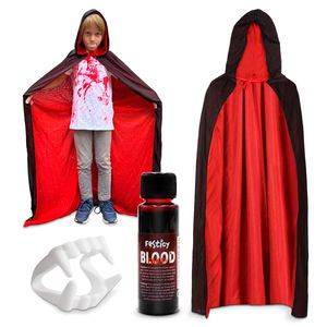 Festicy Vampir Umhang für Kinder und Jugendliche I Halloween Kostüm mit Vampir Zähne & Fake Blut I 140cm I für Vampir Partys I Rot & Schwarz