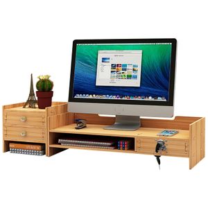 Monitorständer Bildschirmständer Holz mit Schubladen+Schloss 65,5x20x13,5cm Kofphörerhalter Multifunktional Büro Schreibtisch Organizer Computer Tisch Aufsatz (braun)