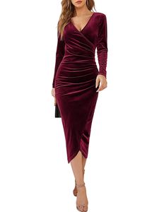 Damen Langarm Abendkleider Urlaubswickel Maxi Kleider Kaftan Ruched Long Kleid, Farbe: Weinrot, Größe: M