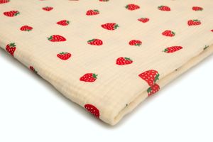 Baumwoll Musselin Stoff mit Aufdruck, Double Gauze, Erdbeeren auf Ecru 50 x 130 cm