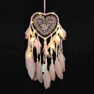 Herz Traumfänger Mit Lichtern Boho-Stil Handgefertigt LED Licht Wandbehang Romantische Dekoration, rosa