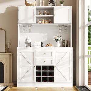 Flieks Hochschrank, 120x40x188cm, Küchenschrank mit verstellbaren Ablagen und Weinregal, Küchenbuffet mit 4 Türen, Highboard im Landhausstil, weiß