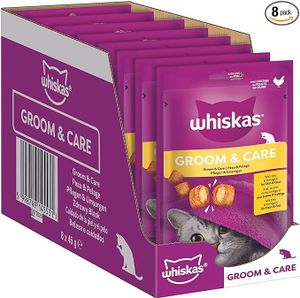 Whiskas Groom & Care Katzensnacks im Portionsbeutel für ausgewachsene Katzen mit Huhn 8x45g