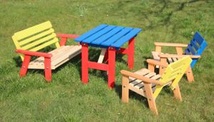 Kinder Sitzgarnitur 4-tlg. aus Holz, 2 Stühle, 1 Bank, 1 Tisch, farblich vorbehandelt