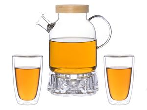 Kira Teeset / Teeservice / Teekanne Glas 1,6 liter mit Tüllensieb, Bambusdeckel, Stövchen aus Glas und 2 doppelwandige Teegläser je 360ml