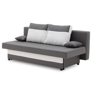 Couch SONY 190x90 mit Schlaffunktion - Farben zur Auswahl - kleines Sofa. Schlafsofa mit Bettkästen und dekorative Kissen - STOFF HAITI 14 + HAITI 0 - Hellgrau&Weiß