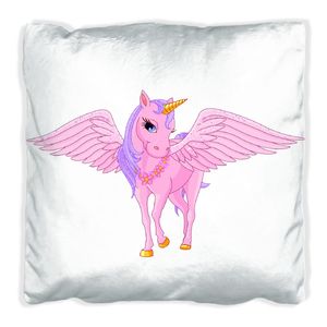 Wallario Premium Kissen, weiche Oberfläche, mit Motiv Rosa Einhorn mit großen Flügeln, Größe: 40 x 40 cm, mit weißer Rückseite