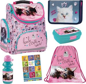 Set 6er Schulranzen Ranzen Tornister Federmappe Turnbeutel Turnsack Brotdose Trinkflasche Aufgabenheft für die Grundschule Katze Cat Cleo & Frank Motiv