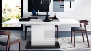 Esstisch Estell 165-220x90 ausziehbar Tisch Hochglanz weiß Esszimmer Säulentisch TOP NEU