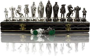 SILVER edice šachová sada 40 cm / 16" metalizované vážené kovové šachové figurky a velká dekorativní dřevěná šachovnice