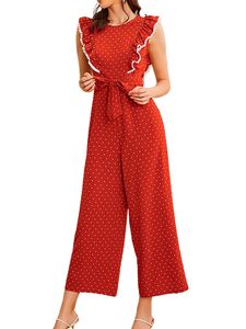 Damen Latzhosen Weitbein -Overalls Im Sommer Bohemian Long Hosen Leisure Polka Dots Strampler, Farbe:Rot, Größe:S