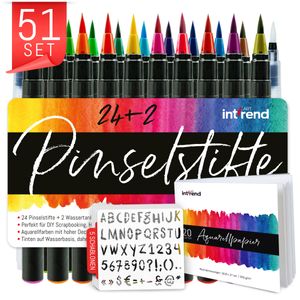 int!rend Pinselstifte 51er Set I 24 Aquarell Farben, 2 Wassertankpinsel, 20 Aquarellpapier, 5 Schablonen, Brush Pen, Stifte mit flexibler Echtpinselspitze, Bullet Journal, Kalligraphie, Hand-Lettering int!rend Pinselstifte 51er Set I 24 Aquarell Farben, 2 Wassertankpinsel, 20 Aquarellpapier, 5 Schablonen, Brush Pen, Stifte mit flexibler Echtpinselspitze, Bullet Journal, Kalligraphie, Hand-Lettering