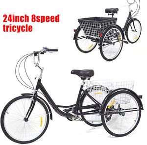 24 palcová tříkolka 8-Speed 3-Wheel Adult City Bike Dospělá tříkolka Comfort Dospělá tříkolka s košíkem Vysoká kvalita (černá)