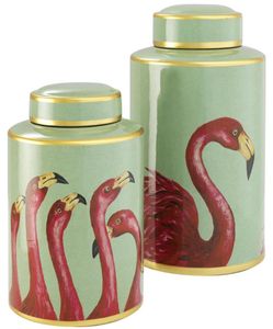 Casa Padrino Porzellan Dosen Set Flamingos Mehrfarbig / Gold - Luxus Deko Dosen mit Deckel