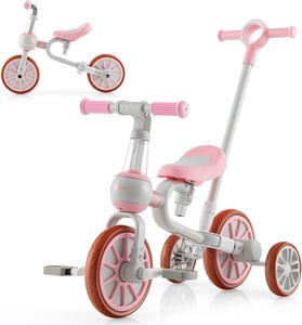 COSTWAY 4 v 1 Dětská tříkolka a běhací kolo a balanční kolo a odrážedlo s nastavitelnou rukojetí a odnímatelnými pedály, pro děti ve věku 2-4 roky Růžová