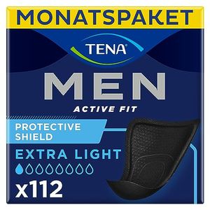 TENA MEN Protective Shield Extra Light - 112 Einlagen im Monatspaket (8 x 14), einzeln verpackt - extra dünne Hygieneeinlagen für Männer bei sehr leichtem Harnverlust - Schwarz N