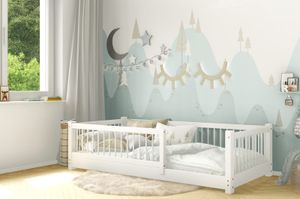 AXEL Kinderbett aus Kieferholz mit Schutzgitter Holzbett Weiß 100x200 Beinhöhe 3 cm