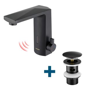 Lonheo Infrarot Sensor Wasserhahn Automatik Waschtischarmatur mit Ablaufgarnitur, Einhandmischer Wasserhahn Bad mit Pop Up, Schwarz