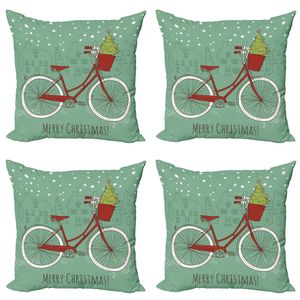 ABAKUHAUS Weihnachten Kissenbezug Set (4 Stück), Retro-Fahrrad-Weihnachtsbaum, Moderner Doppelseitiger Digitaldruck, 45 cm x 45 cm, Almond Grün Rot