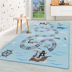 Piraten Kinderteppich, Teppich Design Jungen-Mädchen Spielen Kinderzimmer, Farbe:Blau , Größe:120 x 170 cm