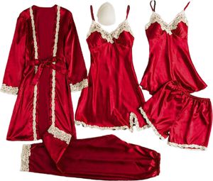 5-teiliges Pyjama-Set für Damen, Nachthemd, Oberteil, Shorts, Hosen, seidig, Satin, Spitze, Patchwork, lockere Schnürung, Taille, dünnes Damen-Homewear-Set, Nachtwäsche-Set