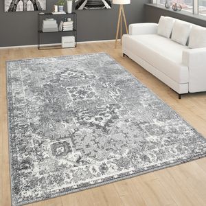 Teppich Für Wohnzimmer, Vintage-Kurzflor Mit Orient-Look, Meliert Grau, Grösse:160x230 cm