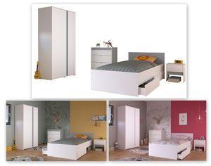 Parisot Jugendzimmer Kinderzimmer Pirouette22 in weiß mit grau oder rosa Set 4-teilig mit Bett, Kommode, Kleiderschrank und Nachttisch