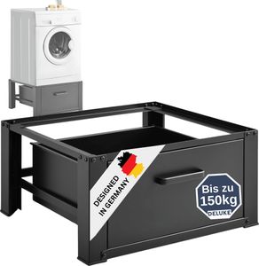 DELUKE® Waschmaschinen Untergestell mit Schublade SION - 63x54cm Stahl | Waschmaschinen Unterschrank Waschmaschinen Sockel Trockner Untergestell bis 150 kg | Schwarz