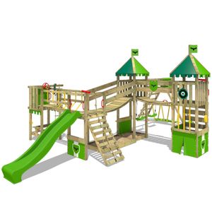 Fatmoose Spielturm Klettergerüst FunnyFortress mit Doppelschaukel, Brücke, Surfanbau & Rutsche – apfelgrün